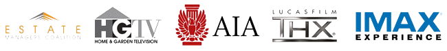 Row of five partner logos—Estate Managers Coalition, HGTV, AIA, THX, and IMAX—displayed on a white background.
