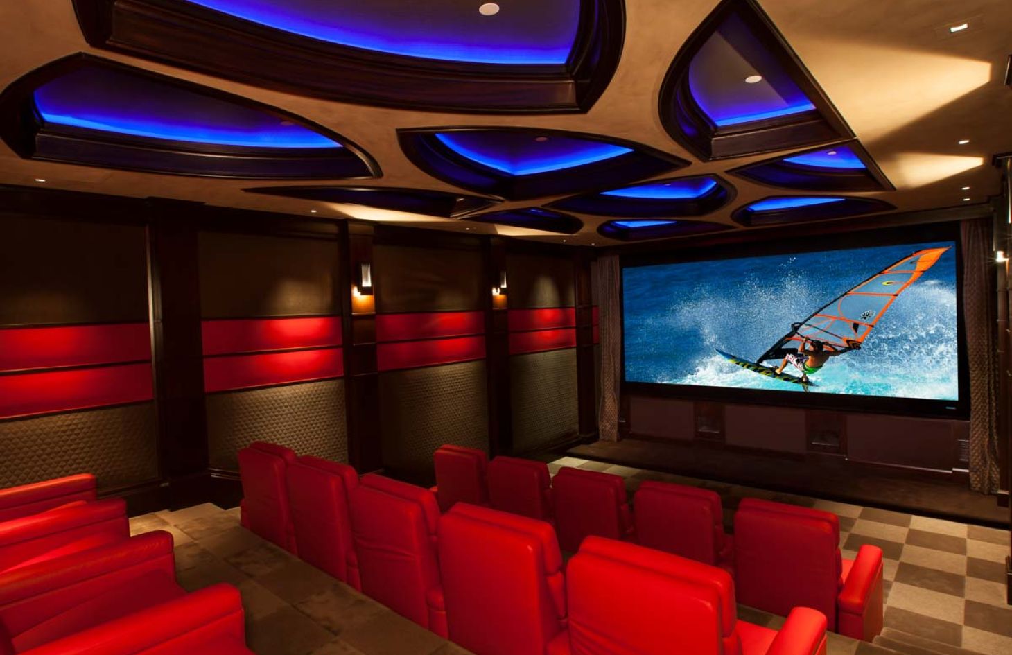 Home Theater Design, Red Seating, LED Lighting, Future Home